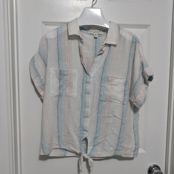 Anthropologie Cloth & Stone Liya Linen Tie Top L - Picture 5 of 5